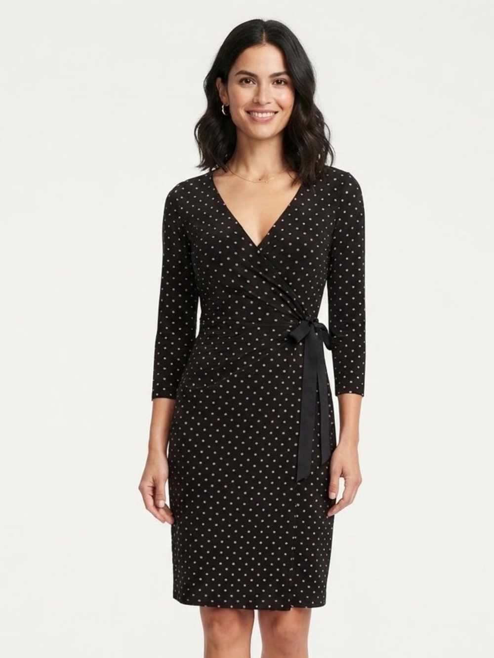 LOFT Petites Black & White Polka Dot 3/4 Sleeve Faux Wrap Dress Size 0P